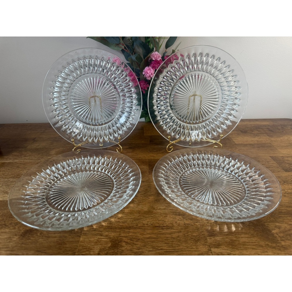 Vintage‎ UV Reactive Glow Glass Dessert Plates Geometric Pressed Glass Set of 4